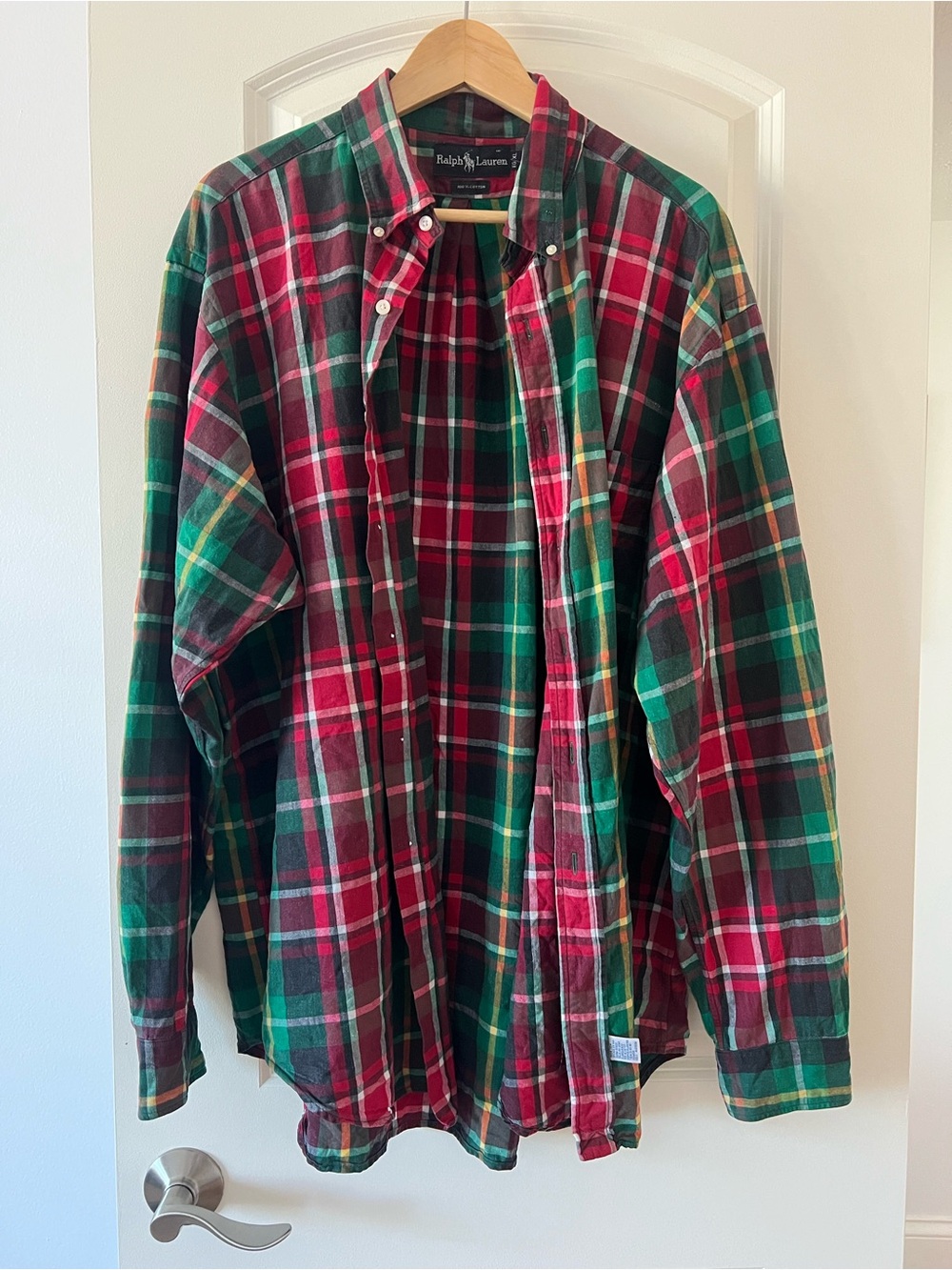 Vintage Ralph Lauren Men's Red, Green & Yellow Plaid Button-Down Shirt